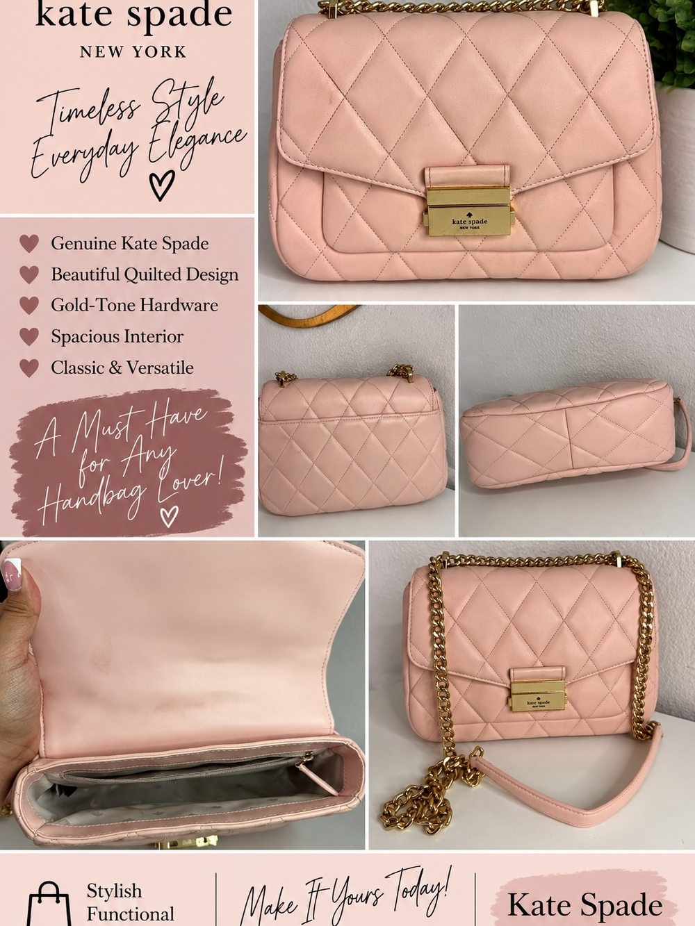 kate spade Quilted Shoulder Bag — Blush Pink with Gold Hardware
